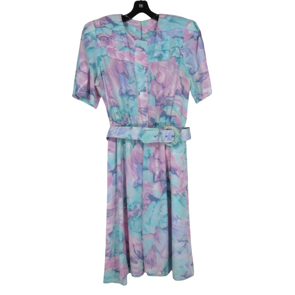VTG LADY CAROL Purple/Teal Watercolors SATIN Pleated Trim BLOUSON DRESS Sz 12